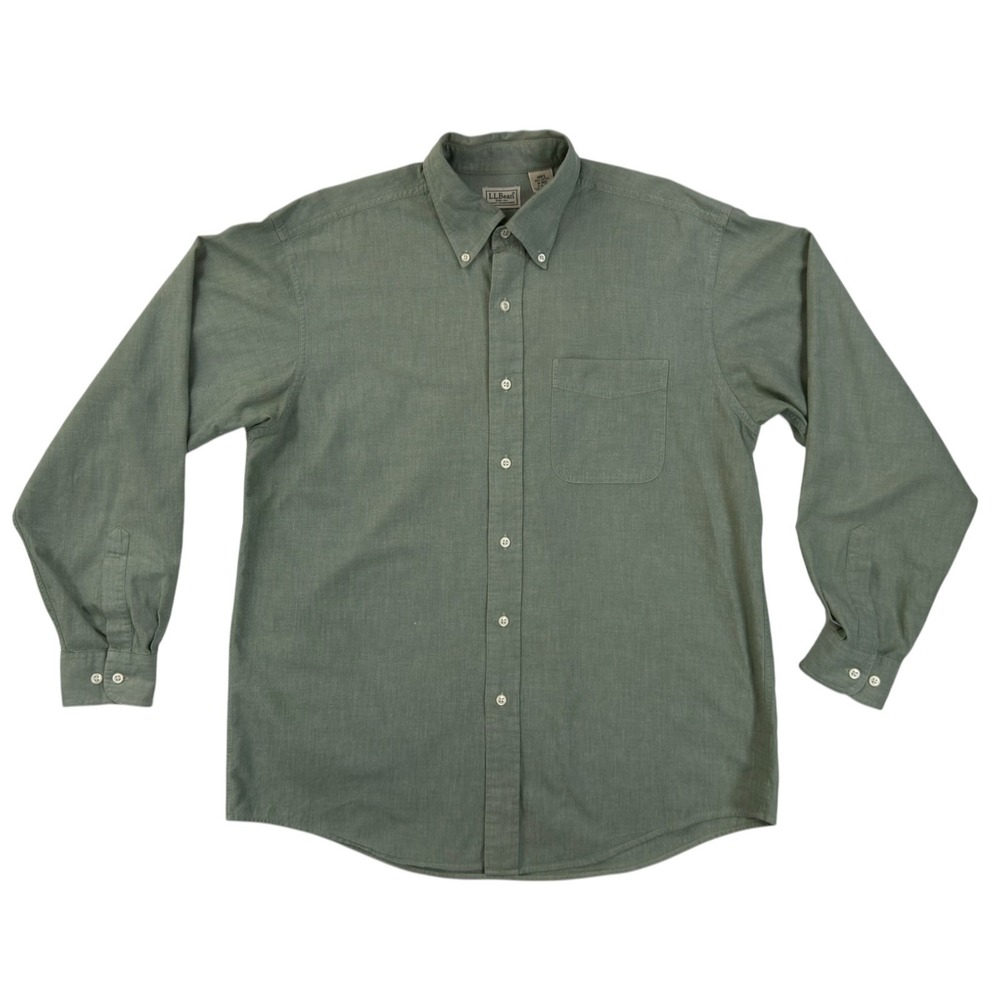 L.L. Bean Button Down Shirt Mens M Green 100% Cotton Long Sleeve Preppy Classic